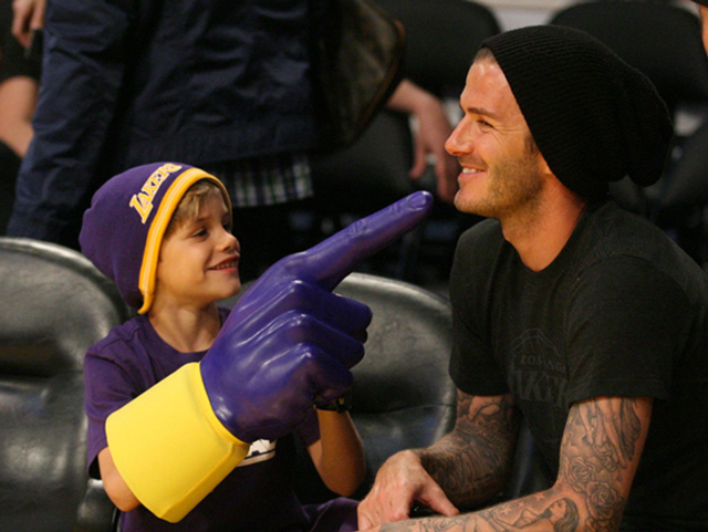 David Beckham being a dad to his son Romeo Beckham at the LA Lakers game.