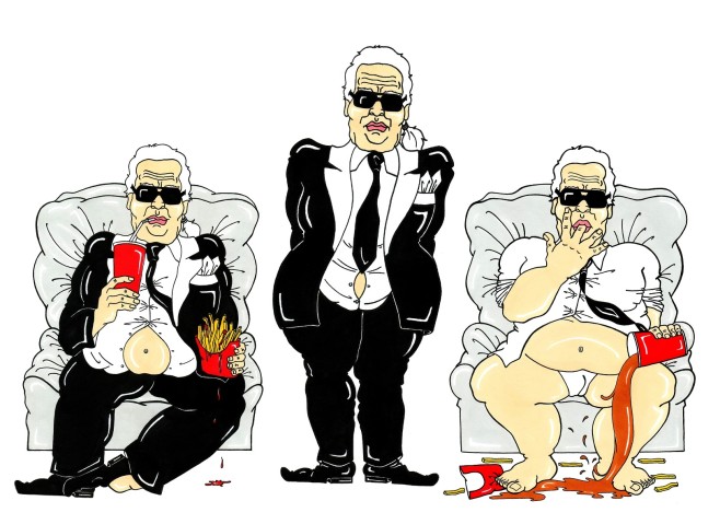 Chanel creative director Karl Lagerfeld Fashion Icon Over Size I LOVE FAT Art Cartoon Painting Illustration Beauty Cover Satire Portrait Humor Chic by aleXsandro Palombo