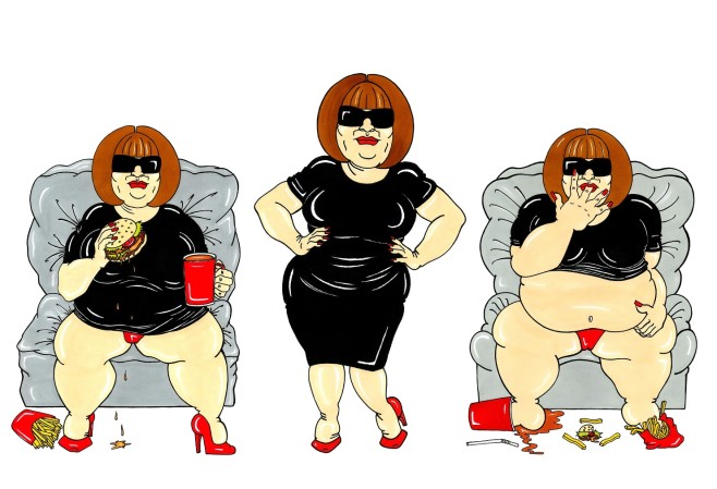 VOGUE Editrix Anna Wintour Fashion Icon Over Size I LOVE FAT Art Painting Cartoon Illustration Beauty Satire Cover Portrait Humor Chic by aleXsandro Palombo