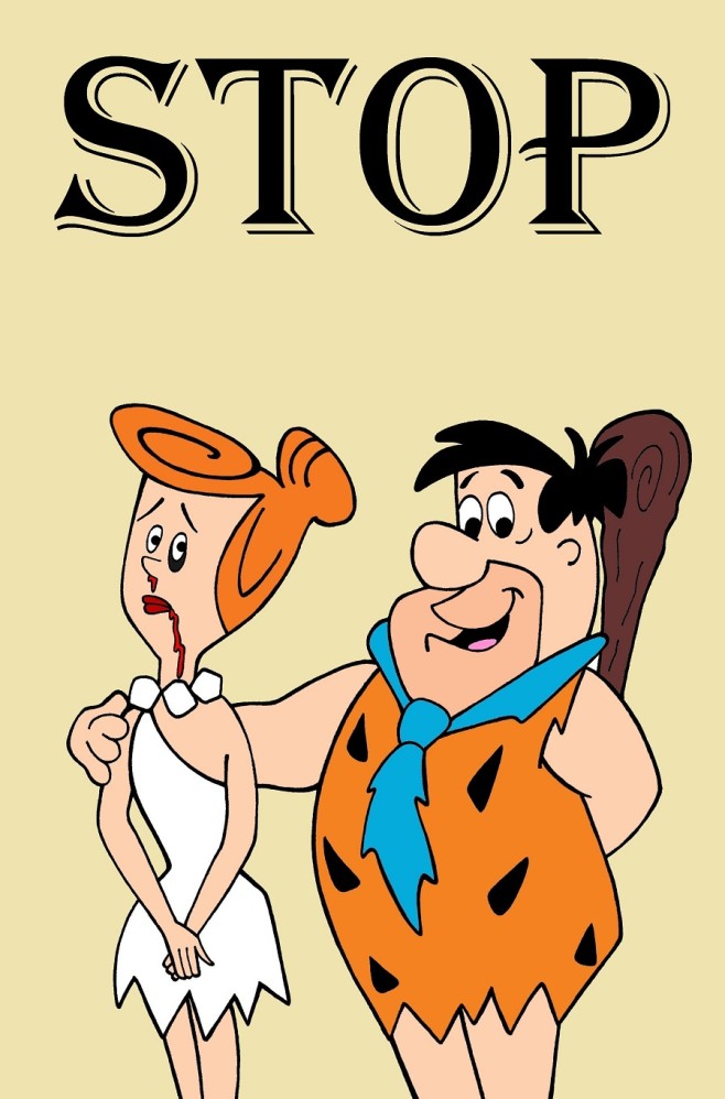 Barney Rubble and Wilma Flinstone Art Portrait Social Campaign Domestic Woman Women's Violence Stop Abuse Satire Sketch Cartoon Illustration Critic Humor Chic by aleXsandro Palombo 1
