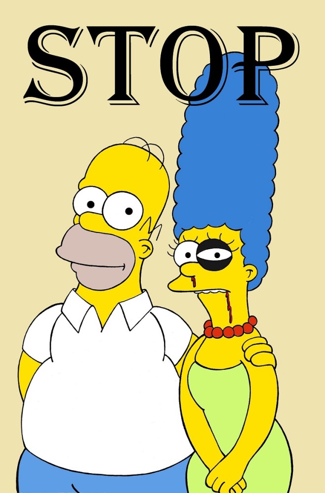 Homer and Marge Simpson The Simpsons Art Portrait Social Campaign Domestic Woman Women's Violence Stop Abuse Satire Sketch Cartoon Illustration Critic Humor Chic by aleXsandro Palombo 1