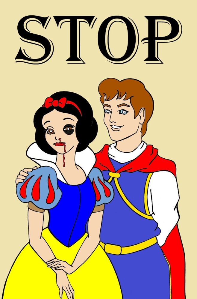Snow White and Prince Princess Charming Art Portrait Social Campaign Domestic Woman Women's Violence Abuse Stop Satire Cartoon Illustration Critic Humor Chic by aleXsandro Palombo 1
