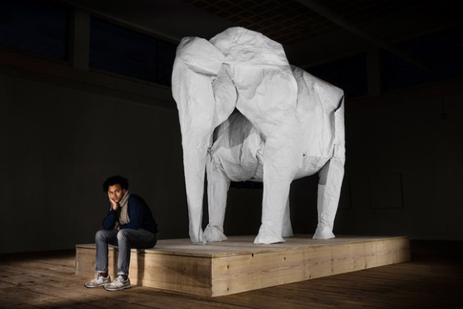 White-Elephant-A-LifeSize-Origami-Elephant-Folded-From-a-Single-Giant-Piece-of