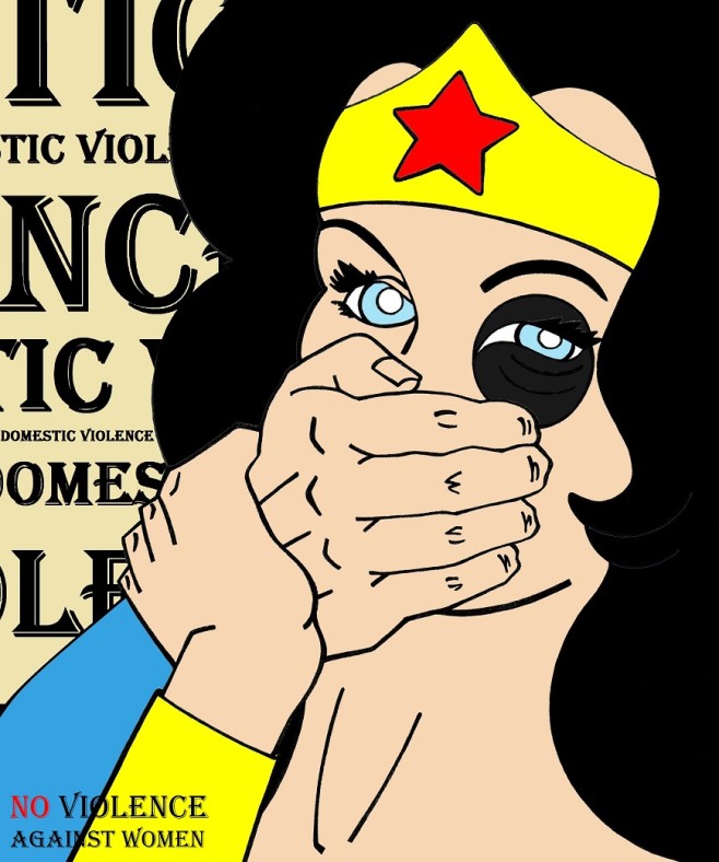 Wonder Woman and Superman Art Portrait Social Campaign Domestic Woman Women's Violence Abuse Satire Cartoon Illustration Critic Humor Chic by aleXsandro Palombo 1