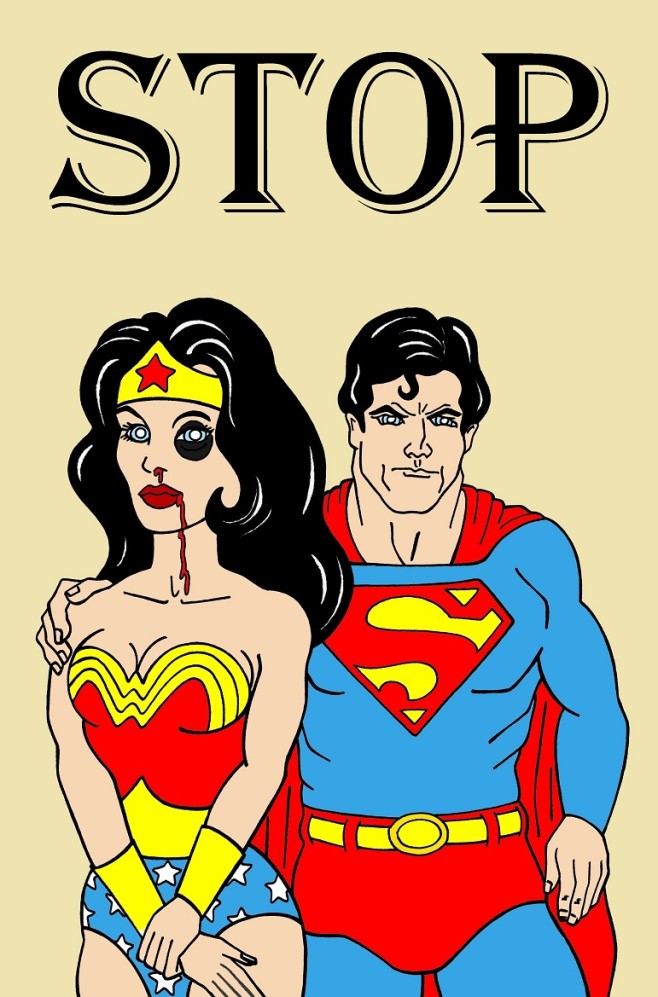 Wonder Woman and Superman Art Portrait Social Campaign Domestic Woman Women's Violence Abuse Stop Satire Sketch Cartoon Illustration Critic Humor Chic by aleXsandro Palombo 1