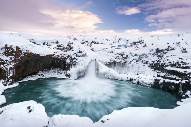 Island, Aldeyjarfoss, Winter, Hochland, Basalt
