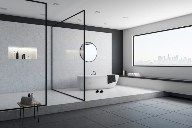 Concrete bathroom interior with city view, bathtub and other objects. 3D Rendering
