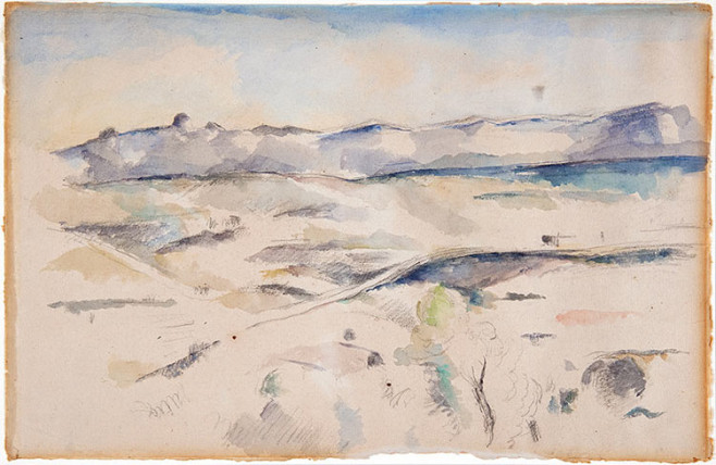 塞尚水彩畫《連綿的艾托伊爾山峰》。圖取自Barnes Foundation。