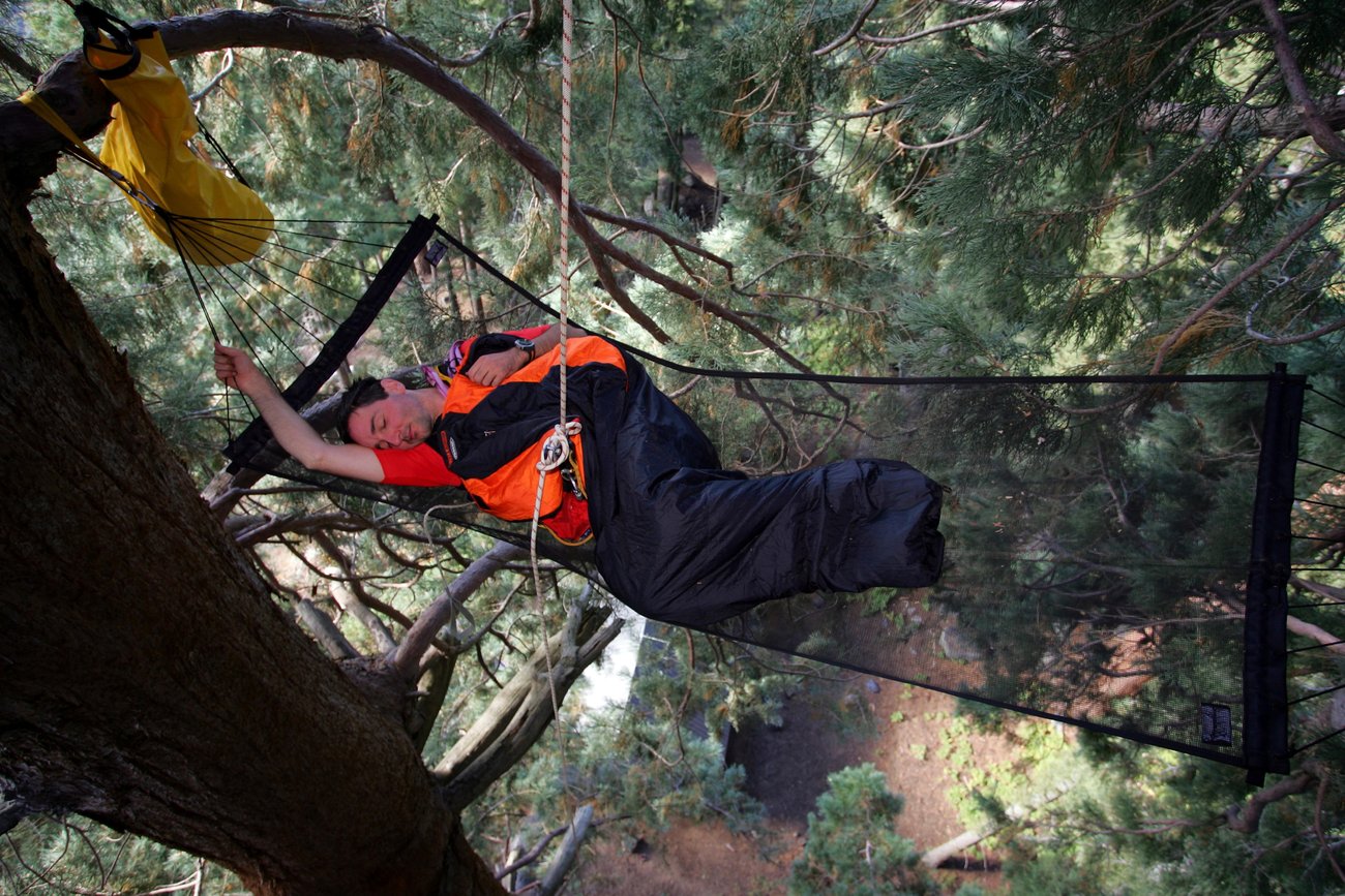 SEQUOIA CREST, CA - OCTOBER 15: Tree climber Olivier Alluis gets some rest on a hammock on a 2000 years old and over 200 feet tall Sequoia tree on a private property in Sequoia Crest, California on october 15, 2005. (Photo by Olivier Renck/Aurora)