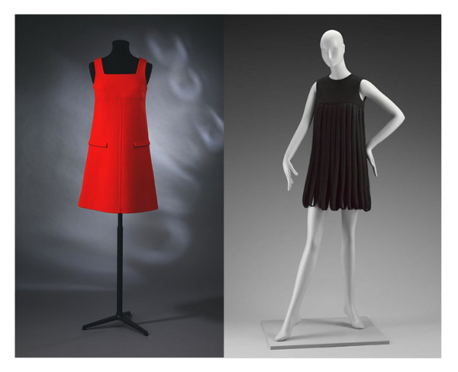 Left, Courrèges red wool gabardine mini-dress, 1964. Right, Dress Pierre Cardin, 1969.