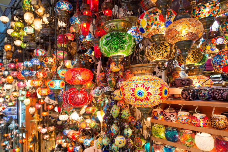 ISTANBUL - MAY 27, 2013: Colorful Turkish lanterns offered for sale at the Grand Bazaar on may 27, 2013 in Istanbul, Turkey. It is a popular souvenir for tourists.