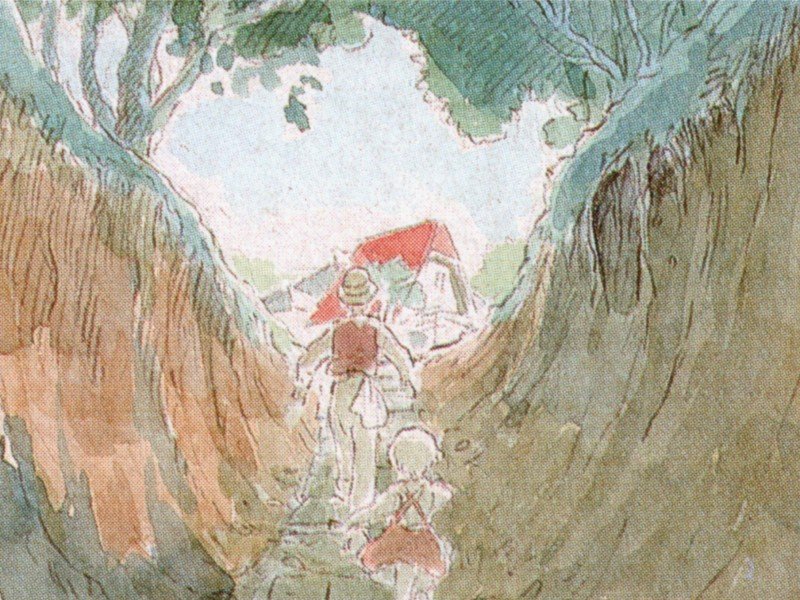 爸爸和妹妹開心地走在鄉間小路上