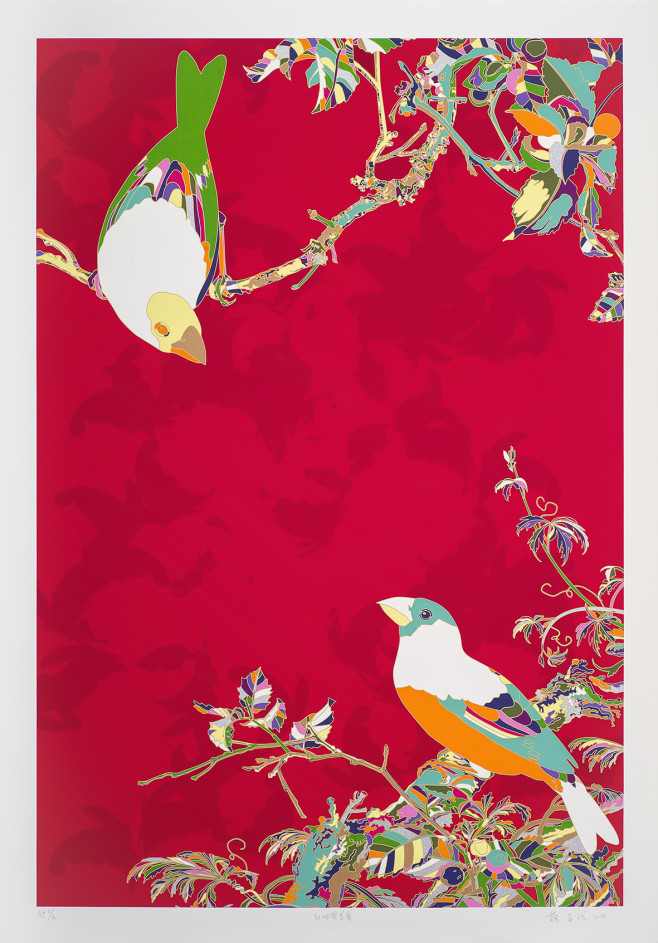 蘇孟鴻〈紅地雙鳥圖〉