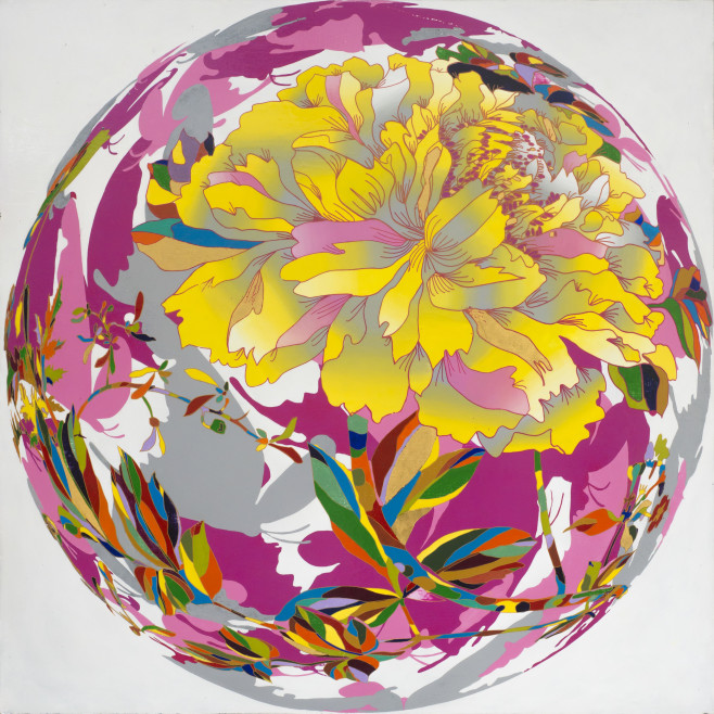 蘇孟鴻，富貴圓滿（黃花），120x120 cm 壓克力顏料、畫布 2015