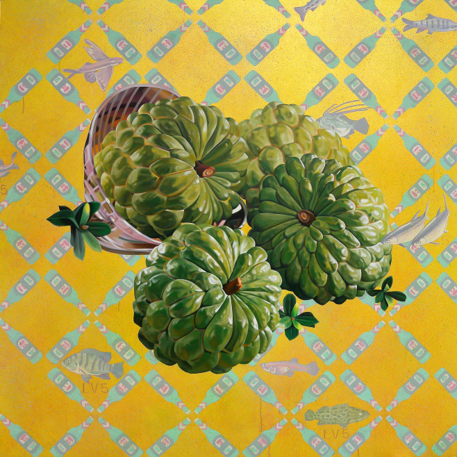 黃舜廷〈釋迦、五等魚、酒〉 1 5 0 x 1 5 0 cm 壓克力顏料、畫布 2 0 1 3