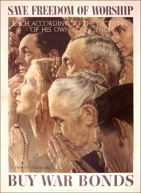 WWII_Patriotic_Posters_United_States_America_War_Bonds_Norman_Rockwell_Freedom_of_Worship-1