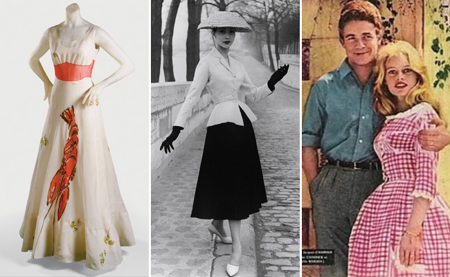 左至右：1937年Elsa Schiaparelli替溫莎公爵夫人設計了Dalí's Lobster Dress / Christian Dior New Look 1947 / 1959年Brigitte Bardot 和男星Jacques Charrier结婚時選了粉色格纹蓬蓬裙當禮服，成為那個年代女孩爭相模仿的衣著