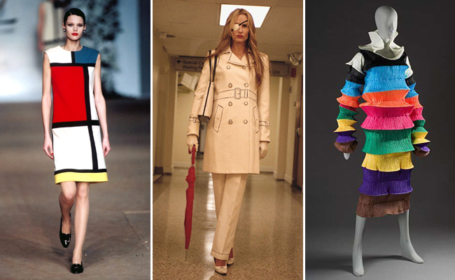 (左至右：Yves Saint Laurent A/W 1965 / Elle (Kill Bill) wearing the Moschino 'trompe l'oeil' coat from the FW 2001 collection / Issey Miyake SS 1994 Flying Saucer Dress)