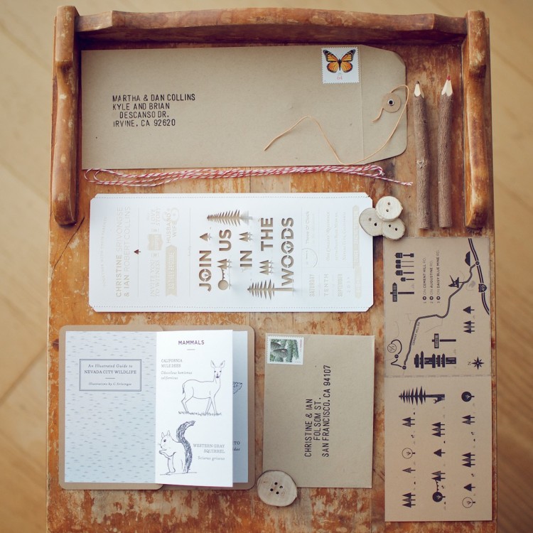 Envelope, Information/Front card, RSVP card, return envelope, Field Guide. Materials 1. 4 Bar Envelopes in Paper Bag from Paper Source 2. #10 String and Button Envelopes in Paper Bag from Paper Source 3. Hand-made buttons 4. Red & White butcher's twine 5. Legal-sized white paper 6. 80# Kraft cover stock 7 80# White cover stock Blog post: http://christineandian.tumblr.com/post/8722900564/invitations